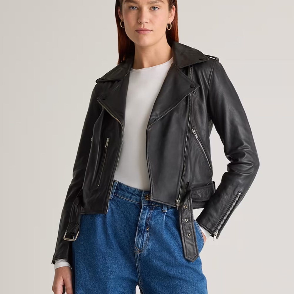 QUINCE 100% leather Black Leather Biker Jacket - Picture 6 of 7